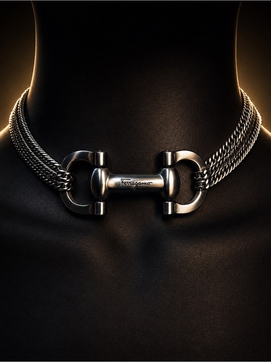 Salvatore Ferragamo Jewelry - Vtg Salvatore Ferragamo Silver Horsebit Hardware & Multi Chain Choker Necklace